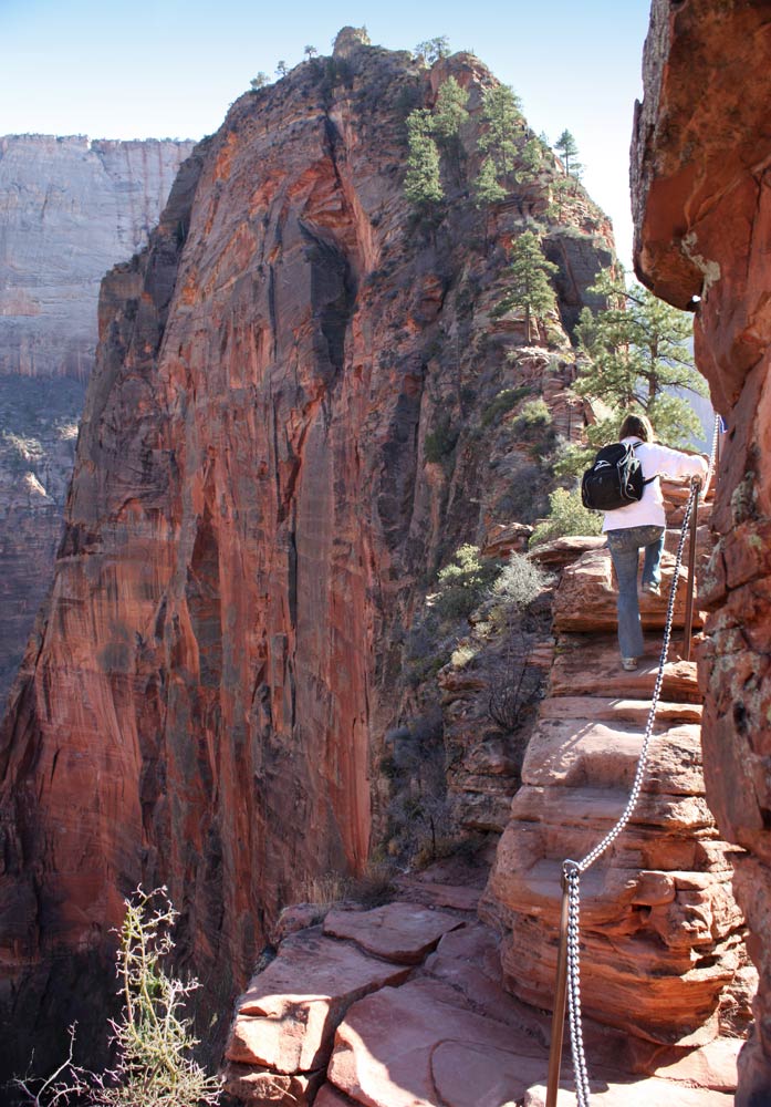 Zion-National-Park-hike-angels-landing A person navigates a narrow trail along a steep cliff with a chain for support.